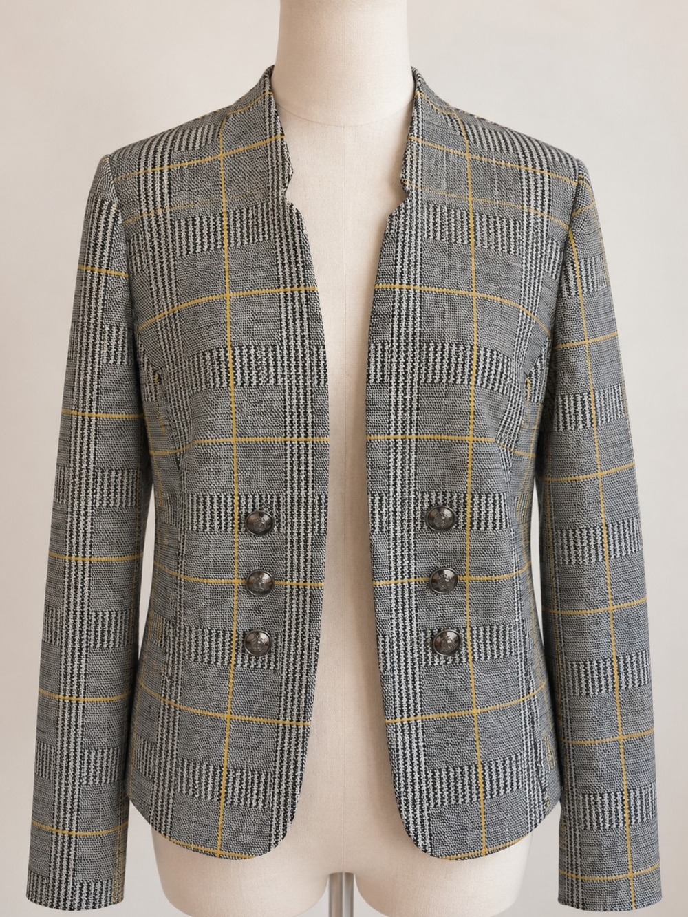 Frank Lyman Design Plaid Blazer Jacket Grey Yellow Size 12 Made in Canada